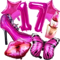 Set detallado de globos de papel de aluminio rosa con tacones, lápiz labial y estrellas - Tema Fiesta 17 Años