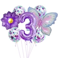 Detail of purple number 3 balloon with butterfly and daisy for birthday party set - Pink Purple Butterfly Style 3