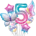 Macro detail of gradient number 5 balloon set with butterfly and star foil decorations - Number 5