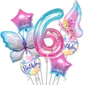 Detail of gradient butterfly and star foil balloons with large number 6 for 6th birthday - Number 6