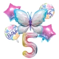 Detailed 5-piece ice blue butterfly balloon set with rainbow gradient number 5 - Ice Blue Butterfly Digit 5