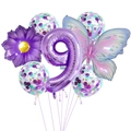 Détail du kit de ballons violet numéro 9 avec papillon et décorations florales - Thème Numéro 9