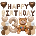 Detalle del set de globos de cumpleaños oso con números marrones y globos de corazón - Caramelo Número 3