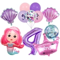 Mermaid theme 4th birthday balloon set with shell, crown, and purple number 4 foil balloons - Princess Mermaid Set (Style 4)