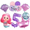 Kit de ballons sirène 5 ans avec chiffre 5, couronne, coquillages et sirène dessinée - Set Sirène Princesse (Style 5)