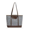 Bolso tote minimalista de fieltro gris con asas de cuero marrón y hebilla vista frontal - Marrón & Azul