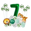 Détail du kit de fête jungle avec le chiffre 7 vert et ballons animaux de la forêt - Vert Jungle Numéro 7