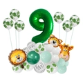 Kit déco anniversaire jungle avec grand ballon chiffre 9 et têtes d'animaux mignons - Vert Jungle Numéro 9
