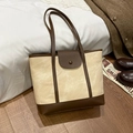Bolso tote minimalista de lona y cuero marrón con asa superior para mujer moderna - Blanco Roto