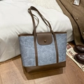 Bolso tote retro en denim azul grisáceo y cuero caramelo con correa de hombro - Marrón & Azul