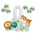 Kit fête jungle avec ballon chiffre 0 blanc et ballons animaux de la forêt en aluminium - Blanc Jungle Numéro 0
