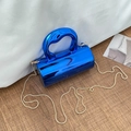 Mini cylindrical handbag in shiny electroplated blue with curved handle and gold chain - Blue