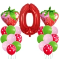 Kit de ballons fête fraise avec chiffre zéro rouge et ballons en latex à pois déco - Décor Fraise 0