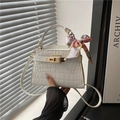 White croc-effect Kelly handbag with silk scarf handle and golden clasp hardware - White