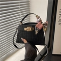Black crocodile embossed Kelly bag with gold twist lock and floral silk scarf handle - Black