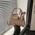 Beige faux crocodile skin handbag with gold buckle and decorative silk scarf handle - Khaki