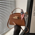 Brown crocodile pattern Kelly style handbag with golden buckle and floral silk scarf - Brown