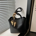 Minimalist black matte leather tote bag for women featuring a vintage decorative silk scarf - Black