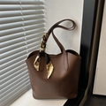 Minimalist deep brown tote bag for women with decorative floral silk scarf on handle - Brown