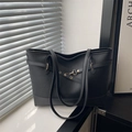 Retro zwarte grote tote tas met litchi-patroon en gouden metalen gesp voor woon-werk - Zwart