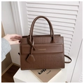 Dark brown tote bag featuring faux crocodile texture and elegant top handles - Brown
