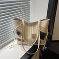 Chic beige leather tote bag with fashion luck embroidery and adjustable drawstrings - White