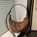 Bolso hobo minimalista de ante marrón con cremallera y correa fina para mujer - Marrón