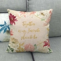 Macro shot of linen pillowcase with watercolor floral wreath and Together gold lettering - Floral English Phrase-Together(1) / 18x18 Inch / Beige