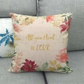 Detail of linen blend cushion cover with flower wreath and All you Need is LOVE text - Red and Yellow Floral-Love(2) / 18x18 Inch / Beige