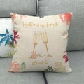 Close-up of linen pillow cover with Mr. and Mrs. floral wine glasses and sweet quote - Champagne Glasses-Mr&Mrs(3) / 18x18 Inch / Beige
