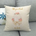 Detail of linen pillowcase with cake and rose print on a gray fabric sofa - Two-layer Cake-Love(4) / 18x18 Inch / Beige