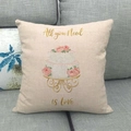 Detail of linen pillowcase with cake illustration and All you Need is Love text on a sofa - Hand-painted Pink Cake-Love(5) / 18x18 Inch / Beige