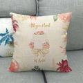 Detailed close-up of linen pillow cover featuring floral cake and All you Need is Love text - Three-layer Cake-Love(6) / 18x18 Inch / Beige