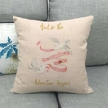 Close-up of linen pillowcase with 'Just Married' text and flying dove floral design - Birds and Floral-Just Married(13) / 18x18 Inch / Beige