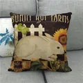 Detail of linen pillowcase with retro bunny farm and sunflower rustic design on a sofa - Single Unit (45x45cm) / Realistic White Bunny Style (4)
