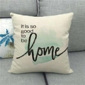 Detail of linen pillowcase with 'it is so good to be home' text and green watercolor - So Good To Be Home Watercolor