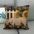 Detail of linen pillowcase with farm pig, sunflowers, and rustic fence on a sofa - Single Unit (45x45cm) / Pig and Sunflower Style (8)
