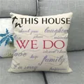 Modern linen pillowcase with family quotes and pink accents on a gray sofa - Family Inspirational Motto (9)