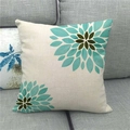 Detail of linen cushion cover with green floral pattern on a gray fabric sofa - Cyan Minimalist Petals (7)