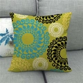 Detailed close-up of linen cushion cover with blue geometric mandala on mustard fabric - Ginger Mandala Geometric (8)