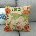 Detailed texture of linen cushion cover with vintage dragonfly and floral prints - 45x45cm / Dragonfly Red Flower French Style
