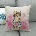 Linen cushion cover with painted cat in suit and yellow hat on a gray sofa - Gentleman Cat Style(1) / 45x45cm