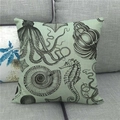 Detail of nautical linen pillowcase with black octopus and seahorse prints on mint green - Mint Green Sea Life (2)