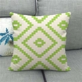 Linen square pillow cover with green geometric diamond pattern on grey sofa - Cream Bright Green (13)