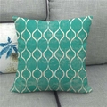 Close-up of cyan linen pillowcase with white geometric patterns on a grey sofa - Cyan Pointed Arch (10)