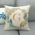 Detail of linen pillowcase with seahorse sea star pattern and golden letter G print - Style G(7) / 45x45cm