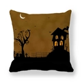 Halloween pillow cover with castle, bats, and cemetery silhouette on yellow moon background - 18x18 Inch / Orange Crescent Moon Haunted House Style (3)