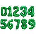 Detail of green number 0-9 foil balloons showing inflation port and shiny metallic texture - Green
