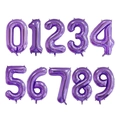 Close-up of metallic purple number balloons 0-9 for birthday party decorations - Purple