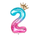 Ballon chiffre 2 dégradé bleu rose avec motifs étoiles et petite couronne dorée - Ciel Étoilé Couronne Chiffre 2